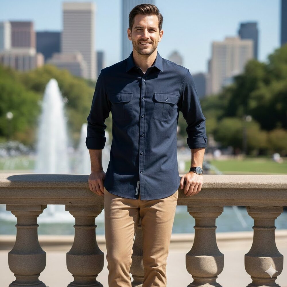 Marc Anthony Navy Blue Stretch Slim-Fit Textured Military Button-Down Shirt, XL